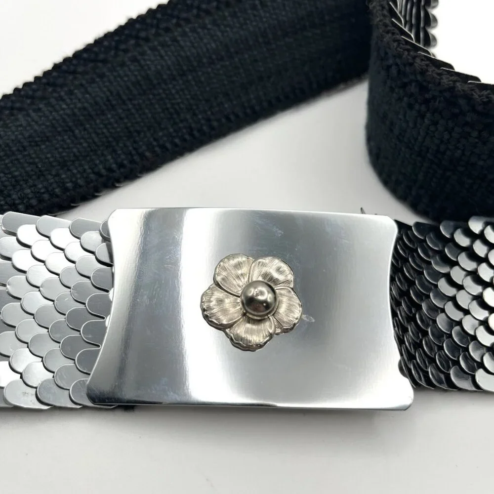 Vtg 70s Silver Metal Fish Scale Belt Stretch Western Boho Hippie Disco 28-38” - Picture 3 of 8